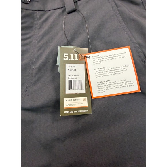 5.11 Tactical Pants Mens 38x32 Charcoal Fast-Tac Urban Straight Fit Ripstop - Picture 7 of 8